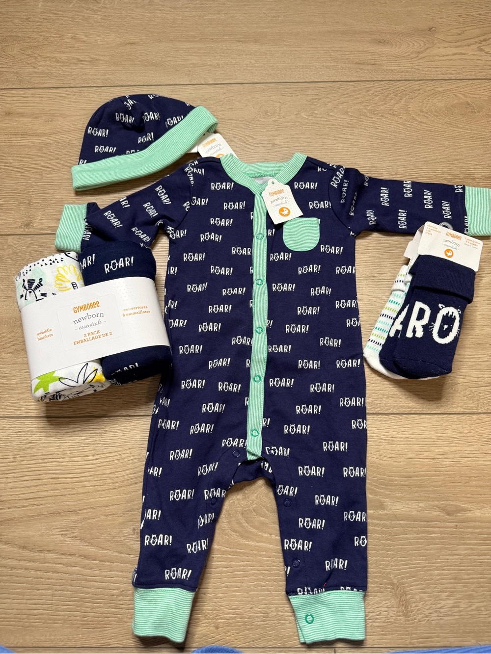 Gymboree set - onsie / hat/ socks and swaddle blankets “navy ROAR”